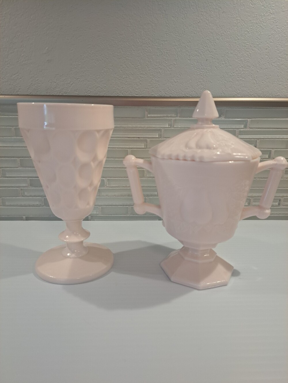 Vtg Pink Milk Glass Pear Pattern Sugar Bowl & Goblet Cup Vase Thumbprint